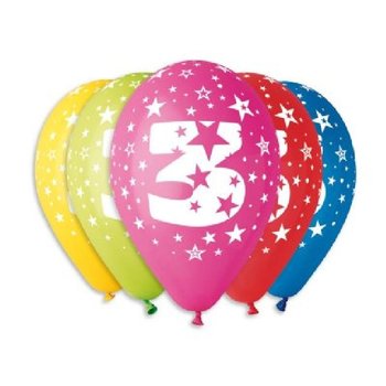 Balnky pastel 30 cm potisk slo 3 narozeninov 5 ks, nafukovac